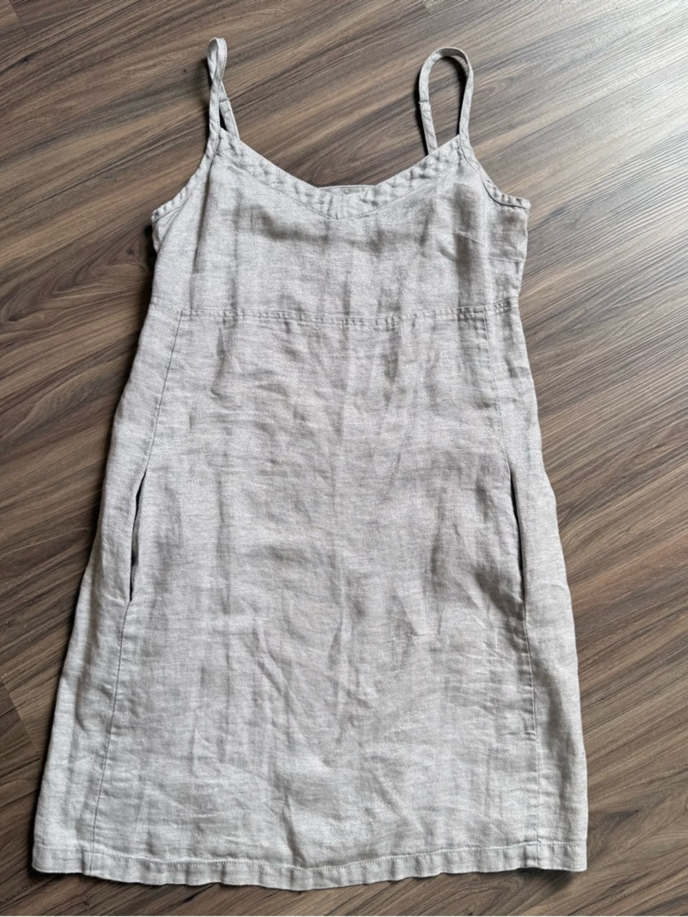 Eileen Fisher Neutral Light Taupe V-Neck Linen short dress